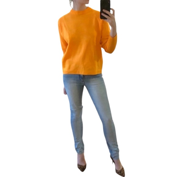 Vintage Sweaters - Vintage 60s Mod Bright Orange 3/4 Sleeve Mock Turtle Neck Lightweight Sweater S